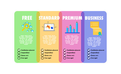 Colorful Pricing Table Infographic – Free, Standard, Premium, Business