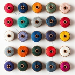 Colorful thread spools arranged in grid pattern on white background