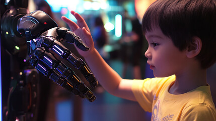 A child interacting with a robotic arm at a tech exhibit