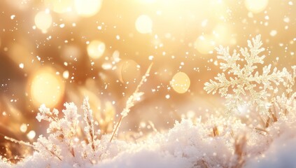 Winter sunrise scene with snow-covered grass and falling snowflakes