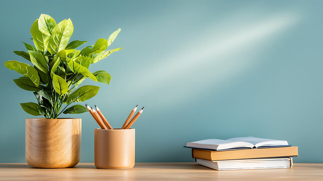 Home office inspiration green plants stationery books cozy workspace bright environment aesthetic viewpoint