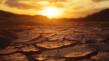 Dried cracked earth at sunset, arid landscape