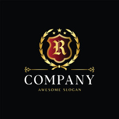 Luxury Royal Crest Logo with Letter R in Golden Shield and Laurel Wreath on Black Background