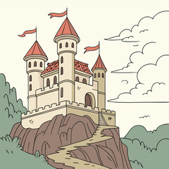Illustration of a cartoon castle with red flags on top of a rocky hill under a cloudy sky scene view