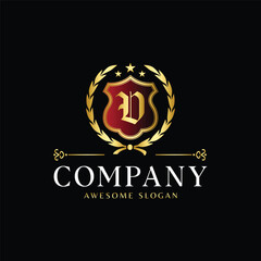 Luxury Royal Crest Logo with Letter V in Golden Shield and Laurel Wreath on Black Background