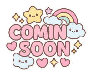 Fototapeta premium Pastel bubble sticker with COMIN SOON in cute kawaii style, playful retail promo on transparent background.