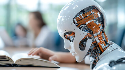 Robot reading a book in modern office technology educational content indoor environment close-up view ai learning concept
