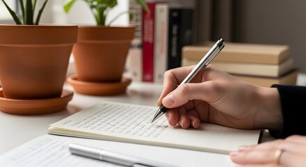 Close-up of a Person Writing in a Notebook with Plants and Books in the Background