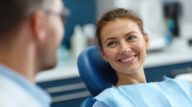 Content and confident young woman in a dental clinics chair her smile conveying a sense of reassurance as she interacts with her dentist underscoring the role of compassionate care
