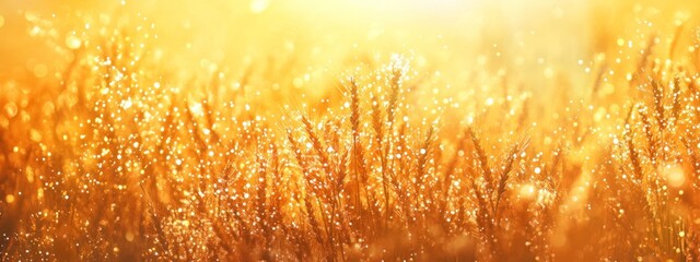 Golden grass field dew drops sunrise