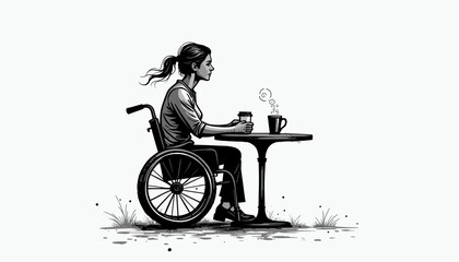Obraz premium Woman in wheelchair enjoying coffee at outdoor cafe