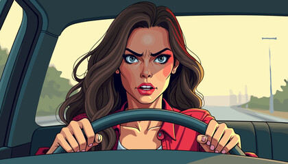 Angry woman driving car on highway
