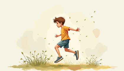 Boy running joyfully through grassy field