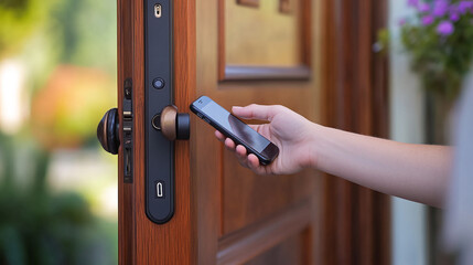 A close-up of a smart lock on a front door being accessed via smartphone