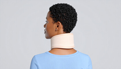 "3D Render of Injured Person Wearing Neck Brace – Medical Recovery Scene on Gray Solid Background"