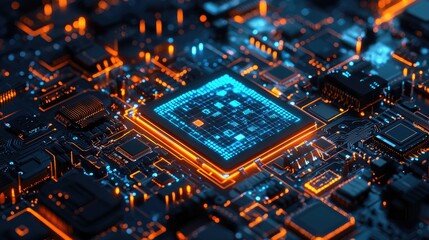 Fototapeta premium Close-up view of a complex circuit board with illuminated components.