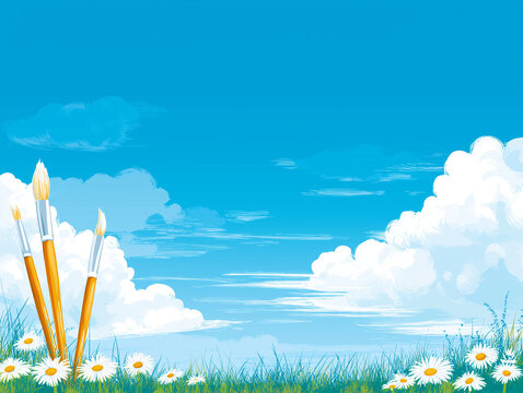 Beautiful blue sky and fluffy white clouds, lush green grass with delicate daisies in the foreground