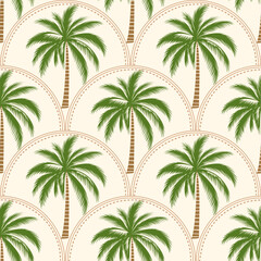 Seamless palm tree pattern featuring tropical botanical elements. This design is perfect for summer.	
