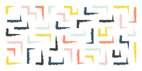 Chalk hand drawn corner elements, rectangular frames, text corners, quote frame, geometric pattern. Crayon marker lines, underlines, frames, grunge texture, doodle vector sketch illustration.