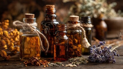 Essential oil bottles with dried herbs. Amber glass. Wellness products