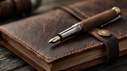 Vintage leather journal with fountain pen