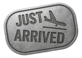 Silver metal-textured oval tag with JUST ARRIVED embossed, modern retail promotion on transparent background.