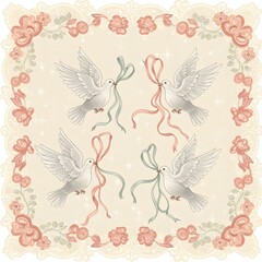 Obraz premium Elegant Illustration of Doves Carrying Ribbons in a Floral Frame, Symbolizing Peace and Celebration