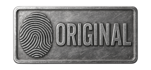 Rectangular metal tag with ORIGINAL engraved beside a fingerprint, featuring an industrial promo style on transparent background.