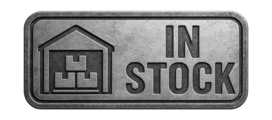 Metallic rectangular tag with IN STOCK text in bold industrial style, perfect for retail promotions on transparent background.