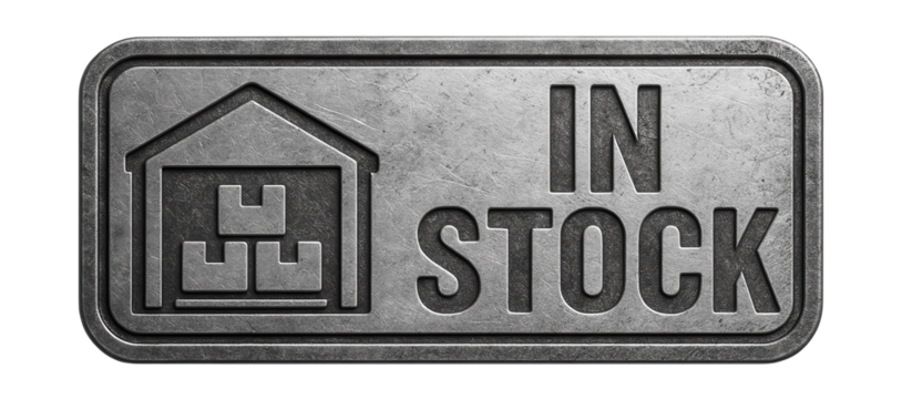 Metallic rectangular tag with IN STOCK text in bold industrial style, perfect for retail promotions on transparent background.