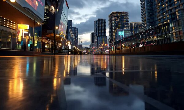 Urban cityscape at night with wet pavement reflecting building lights and cloudy sky above scene