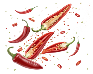Red Chili Peppers Splashing in Liquid Isolated on Transparent Background