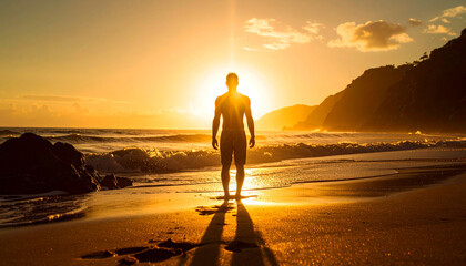 Person grateful standing beach golden hour sunset. Gratitude, peacefulness
