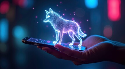A digital wolf with a glowing neon outline stands on a futuristic digital smartphone in palm of human hand ai generative