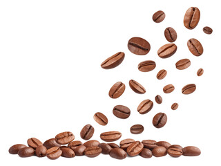 Naklejka premium Falling Coffee Beans Isolated on Transparent Background