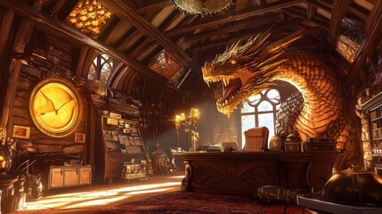 Naklejka premium A magnificent dragon watches over a grand, antique office.