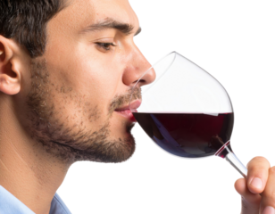 A man with short dark hair and a trimmed beard is smelling a glass of red wine against a black background.