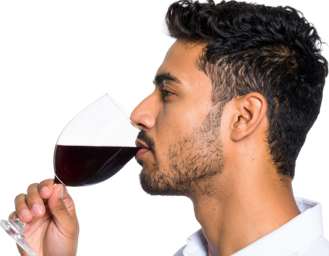 A young man with a beard and short hair is smelling a glass of red wine against a black background.