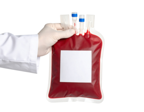A gloved hand holds a blood bag filled with dark red blood, featuring multiple ports at the top and a blank white label in the center.
