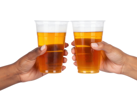 Two hands holding plastic cups filled with amber-colored beer, raised as if toasting.
