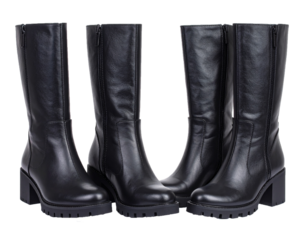 Pair of black leather combat boots isolated on transparent background