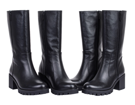 Pair of black leather combat boots isolated on transparent background