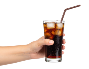 A hand holds a glass filled with a dark soda drink, ice cubes, and a brown bendy straw.