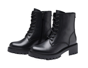 Pair of black leather combat boots isolated on transparent background