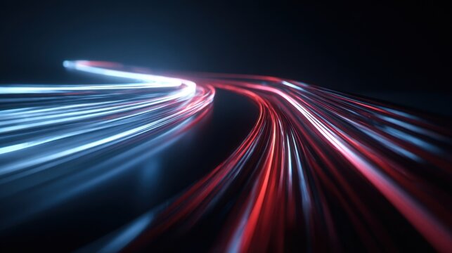 Futuristic highspeed light trails pulse through the frame intertwining red and blue hues to illustrate the thrill of advanced technology. This 4k animation captures the essence of speed