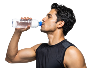 A young man in a sleeveless black shirt drinks water from a plastic bottle, showcasing his toned arm and focused expression.