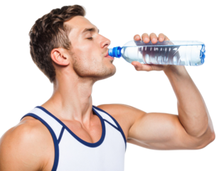 A fit man in a sleeveless athletic shirt drinks water from a plastic bottle, showcasing hydration and fitness.