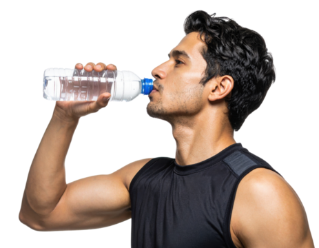 A young man in a sleeveless black shirt drinks water from a plastic bottle, showcasing his toned arm and focused expression.