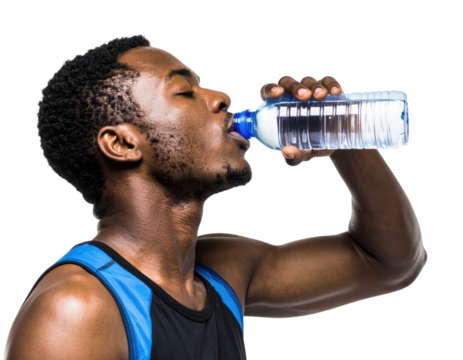 A young man in athletic wear drinks water from a plastic bottle, showing hydration during physical activity.
