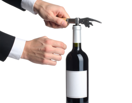 Hands use a corkscrew to open a bottle of red wine with a blank label.